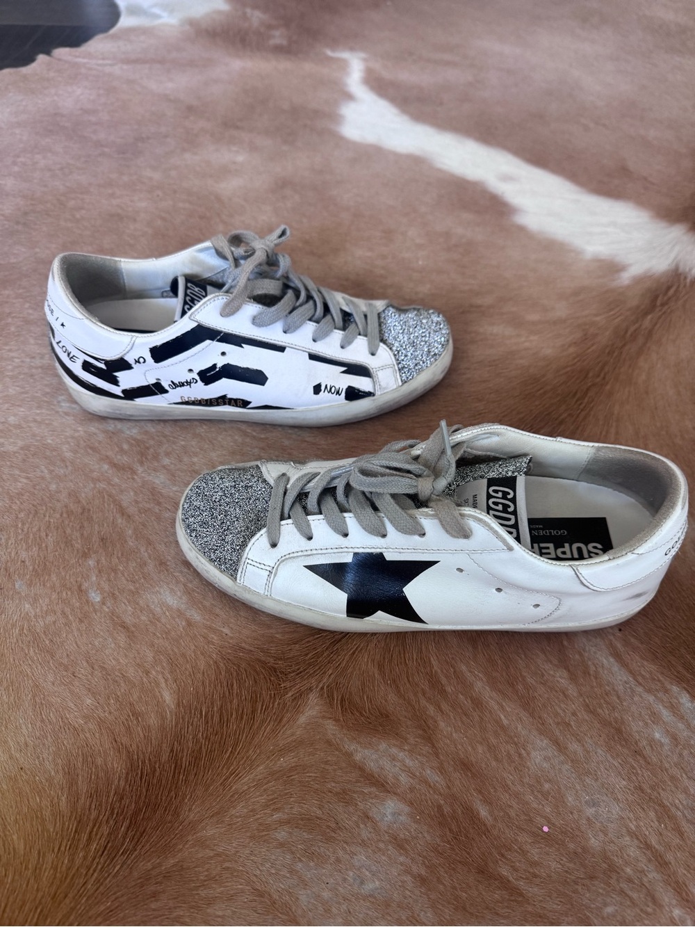 Golden Goose White Sneakers with Black Star and Silver Glitter Toes